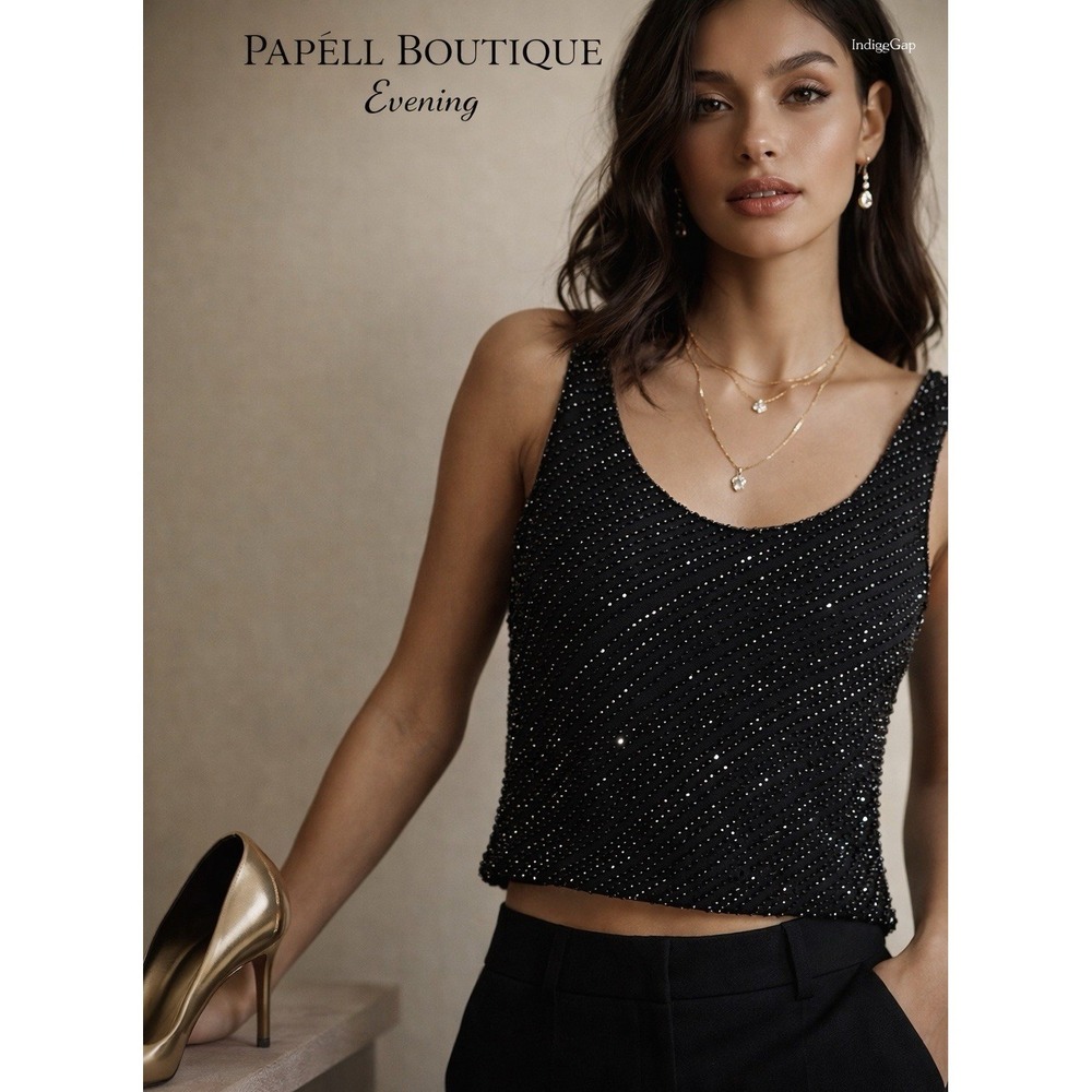 Vintage Papell Boutique Evening Silk Beaded Top Black Sequin Tank Y2K Sz M